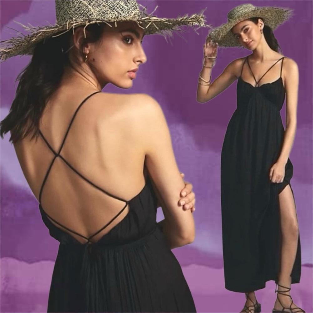 by anthropologie • black silky satin strappy maxi dress 2x